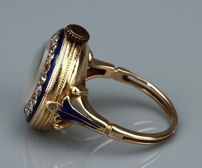 Lot 135 - An Extremely Rare Jaeger LeCoultre Belle Epoque Diamond and Enamel Ring Watch