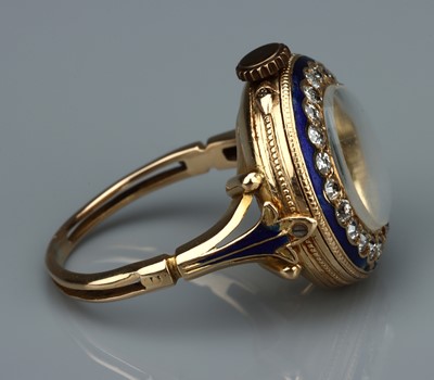 Lot 135 - An Extremely Rare Jaeger LeCoultre Belle Epoque Diamond and Enamel Ring Watch